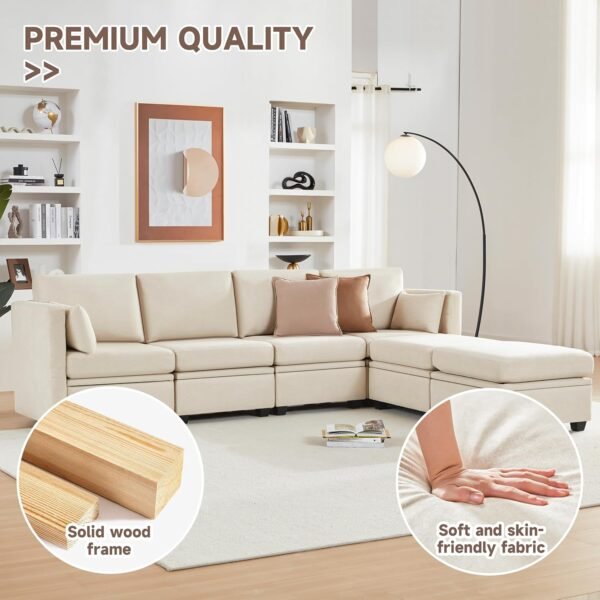 Modular Sectional Sofa with Storage, U Shaped Sectional Couch for Living Room, Convertible Modular Sofa Couch with Ottomans, High Supportive & Soft Sponge, 6 Seat, Beige - Image 5