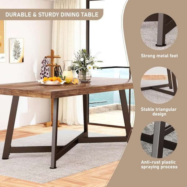 72" Farmhouse Wood Dining Table for 4 5 6 People, Rustic Solid Wood Brown Rectangular Kitchen Tables, Large Dinner Table w/Adjustable Metal Leg for Home Office,Dining Room,Family - Image 4