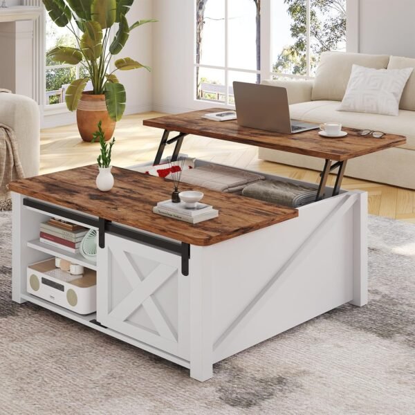 SEDETA 31.5" Lift Top Coffee Table with Storage, Square Coffee Table for Living Room, Farmhouse Coffee Table with Large Hidden Storage Compartment and Adjustable Shelves, White - Image 9