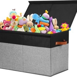 Large Toy Storage Box with Lid, Sturdy Toys Storage Chest Bin Organizer Basket with Dividers for Kids, Boys, Girls, Nursery, Closet, Bedroom, Playroom 25"x13" x16" (Black and Grey)
