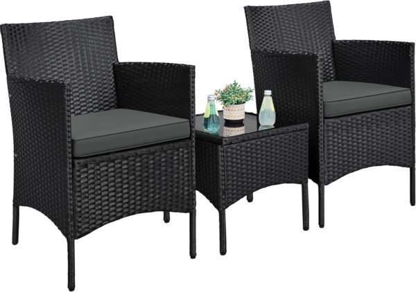 Yaheetech 3 Pieces Patio Porch Furniture Set, Outdoor PE Rattan Wicker Conversation Set with Soft Cushions, Glass Coffee Table & 2 Chairs for Garden/Deck/Courtyard/Poolside, Black/Gray