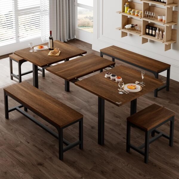 Feonase 5-Piece Dining Table Set for 4-8 People, 63" Extendable Kitchen Table Set with 2 Benches and 2 Square Stools, Dining Room Table with Heavy-Duty Frame, Easy Assembly, Walnut - Image 3