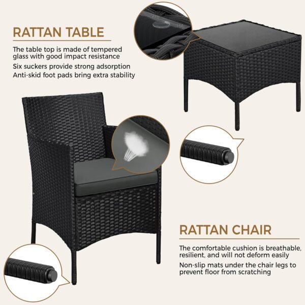 Yaheetech 3 Pieces Patio Porch Furniture Set, Outdoor PE Rattan Wicker Conversation Set with Soft Cushions, Glass Coffee Table & 2 Chairs for Garden/Deck/Courtyard/Poolside, Black/Gray - Image 3