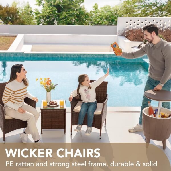 Devoko Patio Porch Furniture Sets 3 Pieces PE Rattan Wicker Chairs with Table Outdoor Garden Furniture Sets (Brown/Beige) - Image 2