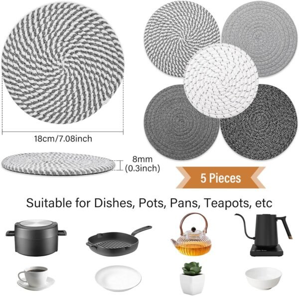 Trivet Mats Set for Hot Dishes, 5 Heat Resistant Pot Holders Kitchen Counter, Table, Home Essentials, Anti Stain Hot Pads Plate Mats for Hot pots and Pans, 7 Inches - Image 2
