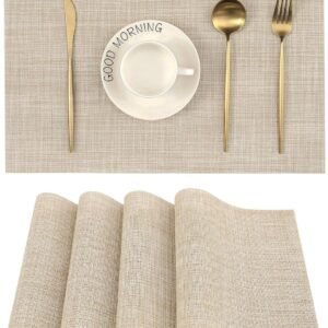 Leetaltree Beige Placemats Set of 4 - Heat Resistant Non-Slip Place mats for Dining Table, Washable Durable PVC Vinyl Woven Table Mats（Beige, 4）