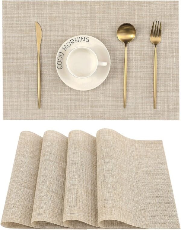 Leetaltree Beige Placemats Set of 4 - Heat Resistant Non-Slip Place mats for Dining Table, Washable Durable PVC Vinyl Woven Table Mats（Beige, 4）