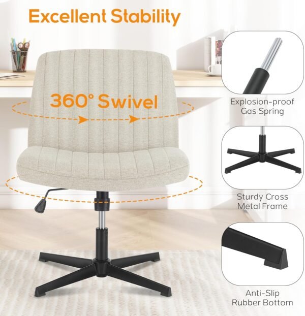 DUMOS Criss Cross Chair Legged Office Wide Comfy Desk Seat, No Wheels Armless Computer Task Seating, Swivel Vanity Home Height Adjustable - Image 6