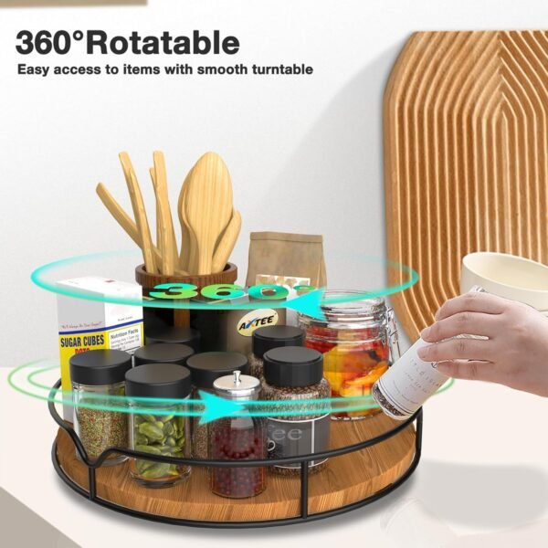 Lazy Susan Turntable Organizer for Cabinet Pantry Kitchen Countertop Refrigerator Cupboard, Pine Wood, 9", Carbonized Black - Image 2
