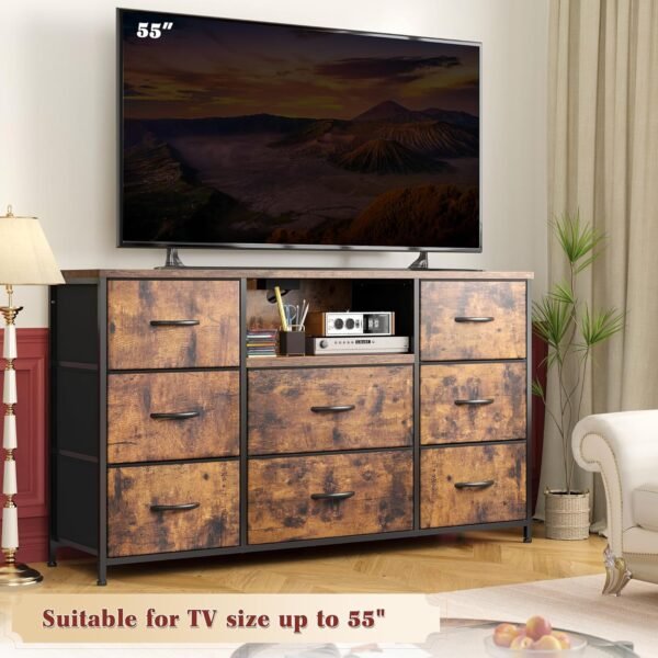 Dresser for Bedroom with Power Outlets, 55" TV Stand Dresser with 8 Drawers, Fabric Dressers & Chest of Drawers for Living Room, Entryway, Rustic Brown - Image 6