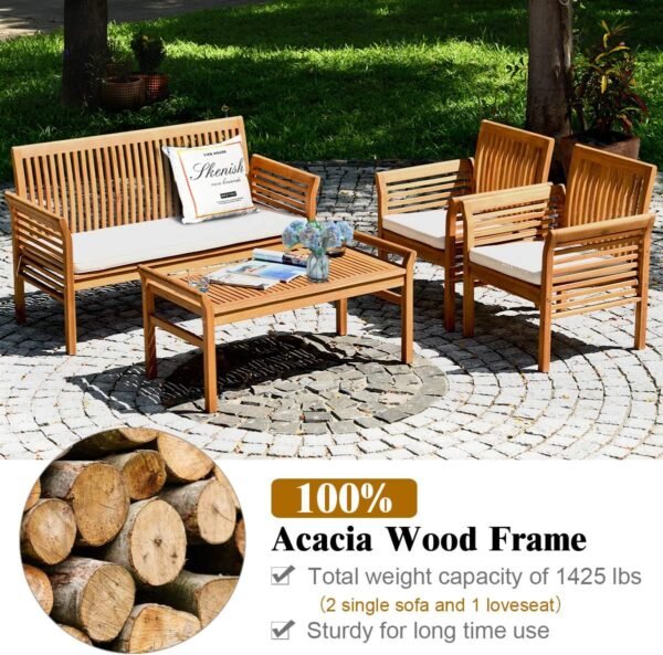 Tangkula 4 Piece Outdoor Acacia Wood Sofa Set with Water Resistant Cushions, Padded Patio Conversation Table Chair Set w/Coffee Table for Garden, Backyard, Poolside (1) - Image 6