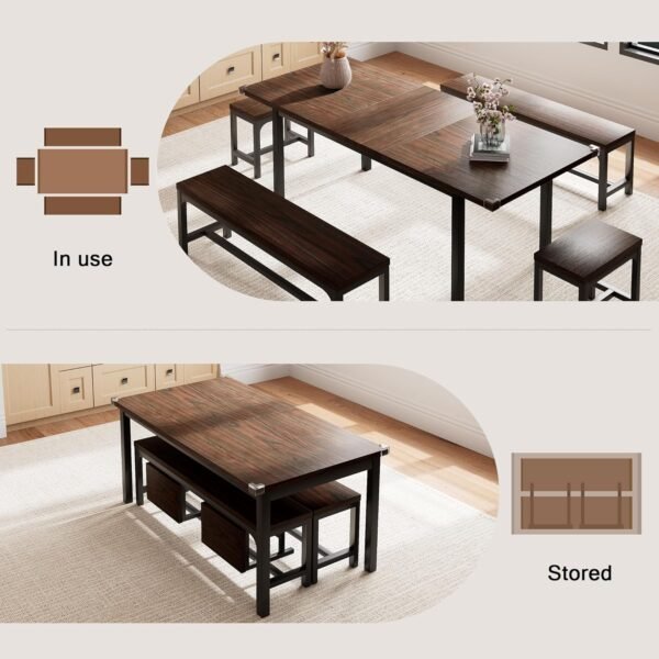 5 Pieces Dining Room Table Set for 4-6, 63' Extendable Kitchen Table Set with 2 Benches & 2 Stools, Small Dining Table Set with Metal Frame & MDF Board, Espresso - Image 2