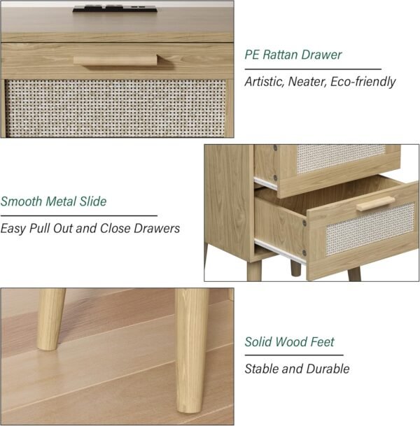 Nightstand with Charging Station,Rattan Night Stand with Solid Wood Legs, Bedside Table with USB Ports & Outlets, End Table for Bedroom (Bohemian, Natural Wood) - Image 3