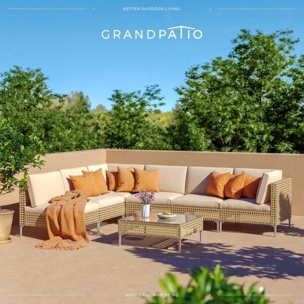 Grand patio 7-Piece Wicker Patio Furniture Set, Boho Outdoor Conversation Set Sectional Sofa with Water Resistant Thick Cushions and Coffee Table, Beige - Image 2