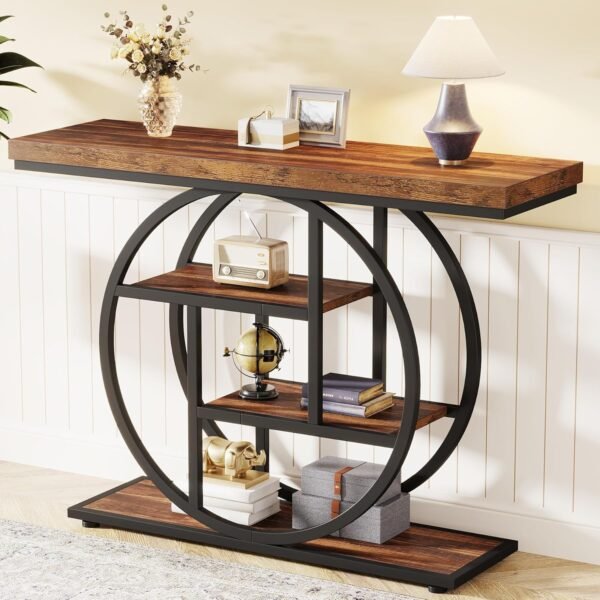 Tribesigns 41.3" Console Table, Industrial 4-Tier Sofa Table Entryway Table with Circle Base, Narrow Wood Accent Tables with Storage Shelves for Living Room, Hallway, Foyer, Rustic Brown - Image 3