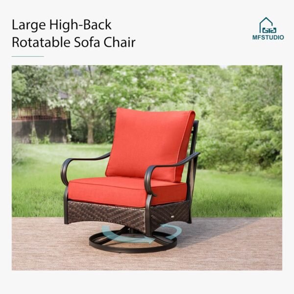 MFSTUDIO 5 Pieces Outdoor Patio Furniture Set, Metal Outdoor Conversation Sofa, Rattan Wicker Patio Sectional Sofa Set with 4 x Swivel Single Sofa, 1 x Fire Pit Table, Red - Image 2