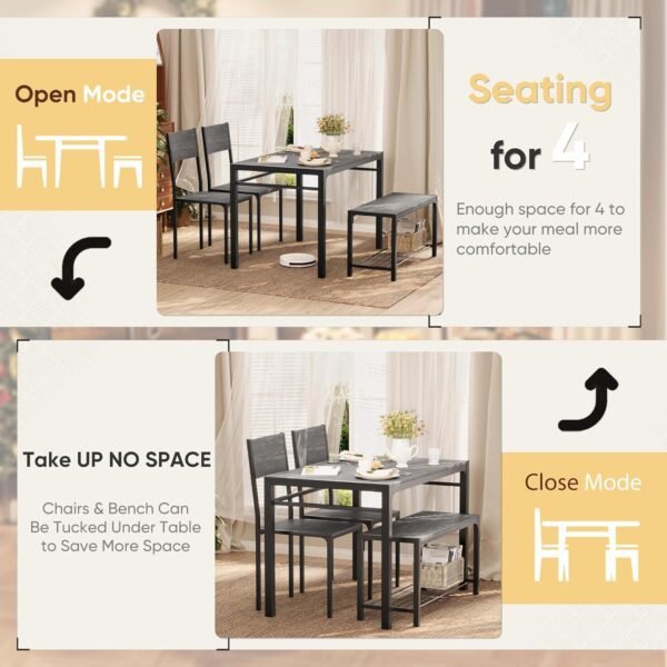 Shahoo Kitchen Table and 2 Chairs for 4 with Bench, 4 Piece Dining Sets for Small Space, Grey - Image 6