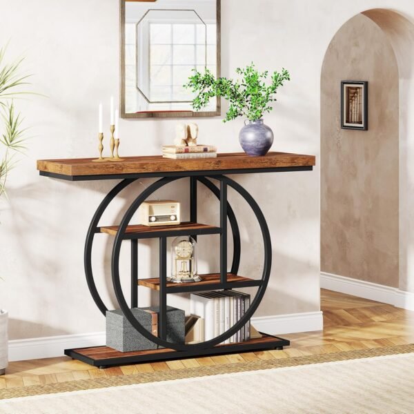 Tribesigns 41.3" Console Table, Industrial 4-Tier Sofa Table Entryway Table with Circle Base, Narrow Wood Accent Tables with Storage Shelves for Living Room, Hallway, Foyer, Rustic Brown - Image 4