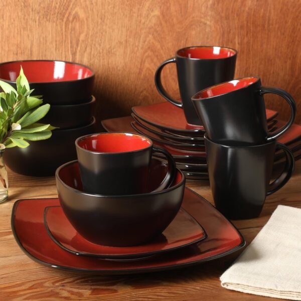 Gibson Soho Lounge Square Reactive Glaze Dinnerware Set, Red, Service for 4 (16pcs) - Image 4