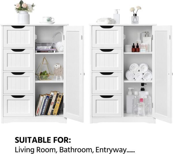 Yaheetech Wooden Floor Cabinet, Side Storage Organizer with 4 Drawers and 1 Cupboard, Freestanding Entryway Storage Unit Console Table, Bathroom Furniture Home Decor, White - Image 5