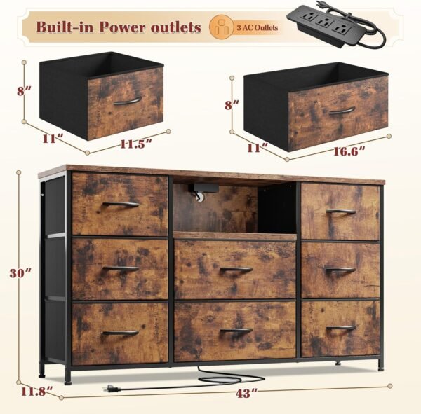Dresser for Bedroom with Power Outlets, 55" TV Stand Dresser with 8 Drawers, Fabric Dressers & Chest of Drawers for Living Room, Entryway, Rustic Brown - Image 3