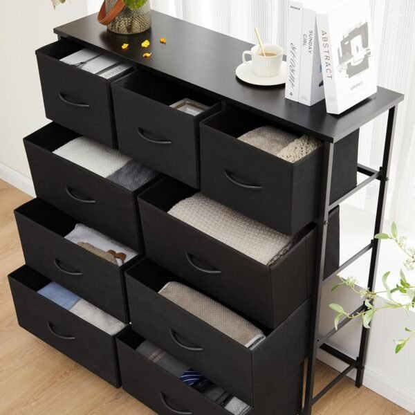 DUMOS Dresser for Bedroom, Storage Organizer with 9 Drawers, Chest of Drawers with Fabric Bins, Sturdy Metal Frame, Wood Tabletop for Guest Room, Closet, Entryway, Nursery - Image 8