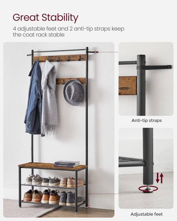 VASAGLE Coat Rack, Hall Tree with Shoe Storage Bench, Entryway Bench with Shoe Storage, 3-in-1, Steel Frame, for Entryway, 12.6 x 27.6 x 68.9 Inches, Industrial, Rustic Brown and Black UHSR41BX - Image 6