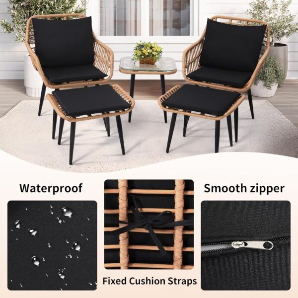 5 Piece Wicker Bistro Patio Conversation Furniture Set, Includes 2 Chairs, 2 Ottomans, and Side Table, Ideal for Porch, Balcony, Deck, Backyard, Natural - Image 5