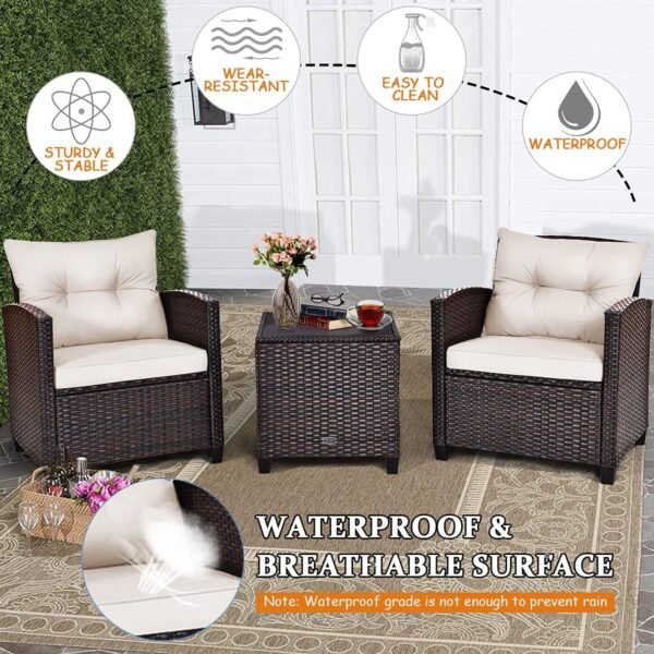 Tangkula 3 Pieces Patio Furniture Set, PE Rattan Wicker 3 Pcs Outdoor Sofa Set w/Washable Cushion and Tempered Glass Tabletop, Conversation Furniture for Garden Poolside Balcony (White) - Image 9