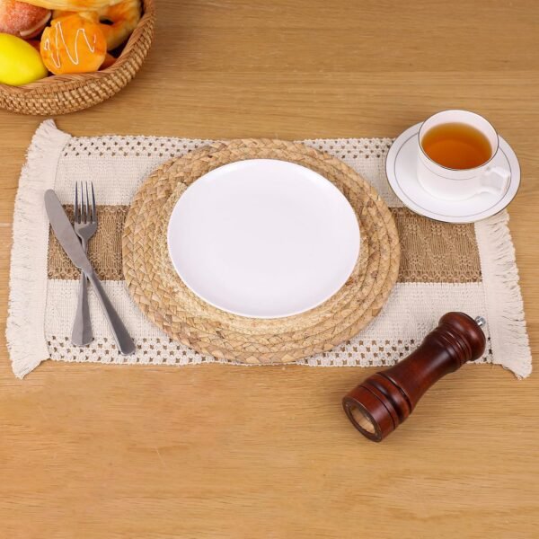 Handmade Boho Placemats Set of 6 - Natural Cotton Burlap and Water Straw Woven Combination Table Mats, Macrame Décor and Farmhouse Style Placemats, for Dining Table Kitchen - Image 7