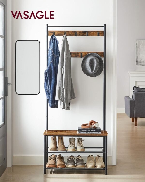 VASAGLE Coat Rack, Hall Tree with Shoe Storage Bench, Entryway Bench with Shoe Storage, 3-in-1, Steel Frame, for Entryway, 12.6 x 27.6 x 68.9 Inches, Industrial, Rustic Brown and Black UHSR41BX - Image 2