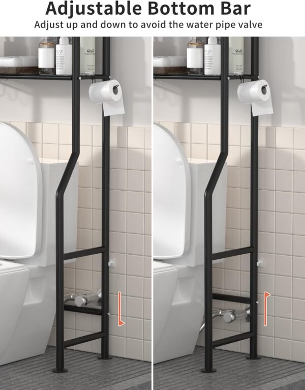 3-Tier Over The Toilet Storage, Freestanding Metal Bathroom Shelves with 4 Hooks, Over Toilet Storage Shelf with Paper Holder, Above The Toilet Shelf for Bathroom Storage, Black - Image 4
