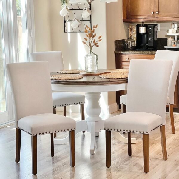 COLAMY Upholstered Parsons Dining Chairs Set of 4, Fabric Dining Room Kitchen Side Chair with Nailhead Trim and Wood Legs - Beige - Image 2
