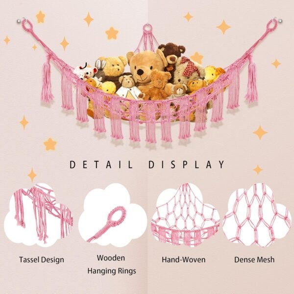Stuffed Animal Hammock with LED Light, Toy Hammock for Stuffed Animals Storage for Kids Room Decor, Stuffed Animal Hammock Corner, Pink - Image 6