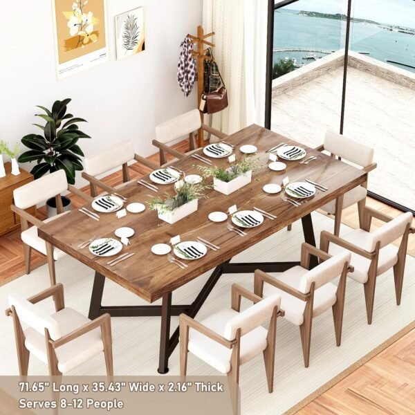 72" Farmhouse Wood Dining Table for 4 5 6 People, Rustic Solid Wood Brown Rectangular Kitchen Tables, Large Dinner Table w/Adjustable Metal Leg for Home Office,Dining Room,Family - Image 7