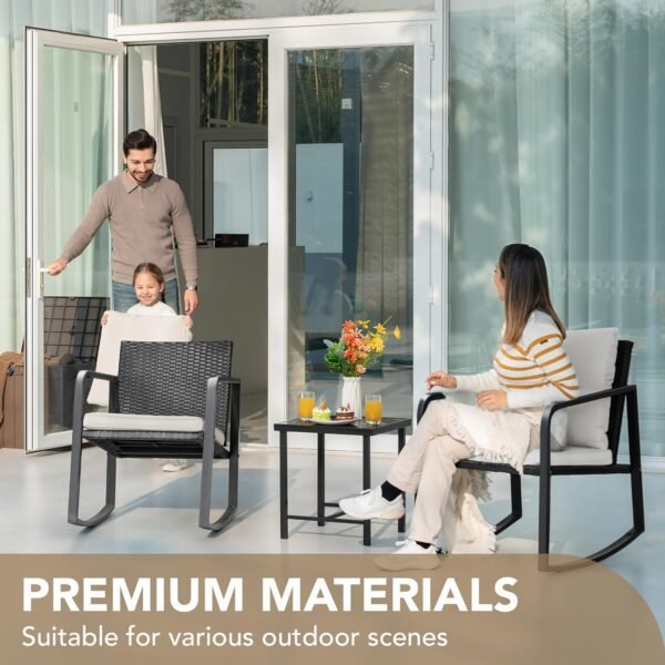 Devoko 3 Piece Rocking Bistro Set Wicker Patio Outdoor Furniture Porch Chairs Conversation Sets with Glass Coffee Table (Beige) - Image 3