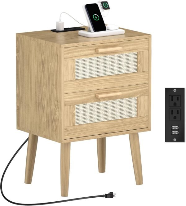Nightstand with Charging Station,Rattan Night Stand with Solid Wood Legs, Bedside Table with USB Ports & Outlets, End Table for Bedroom (Bohemian, Natural Wood)