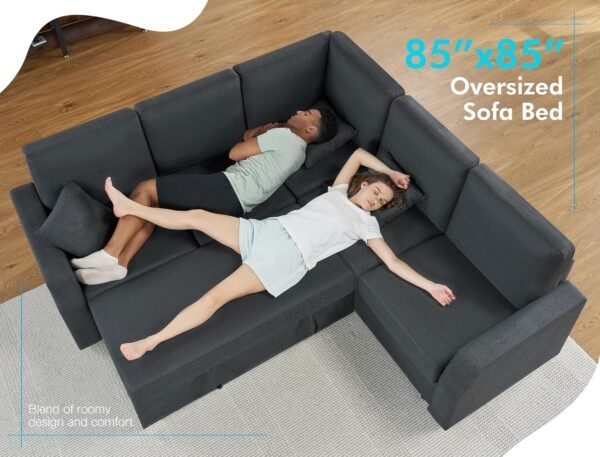 VanAcc Sofa Bed, 85 Inch Sleeper Couch with Storage Seat, L Shaped Sofa with Pull Out Sofa Bed, Sectional Couches for Living Room Apartment, Grey Linen Couch Sofa - Image 6