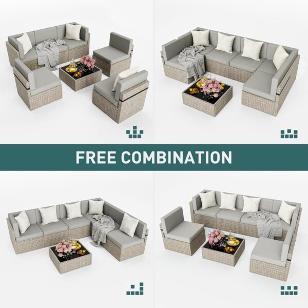 Pamapic 7 Pieces Outdoor Sectional Furniture，Wicker Patio sectional Furniture Sets，All-Weather Rattan Patio Conversation Set with Washable Cushions Covers， Gray Rattan(Gray Cushions) - Image 3