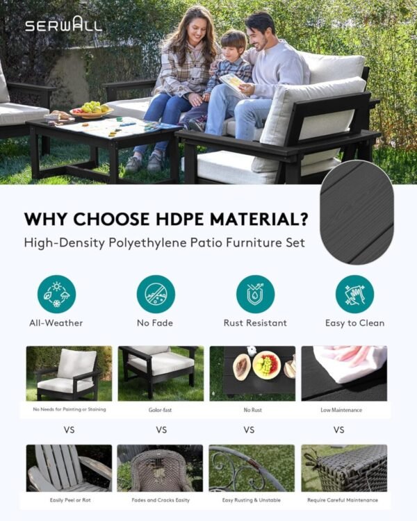 SERWALL HDPE Patio Conversation Set, 6-Piece Sectional Outdoor Furniture, All Weather Couch Set for Deck, Lawn, Black Frame with Khaki Cushion - Image 3