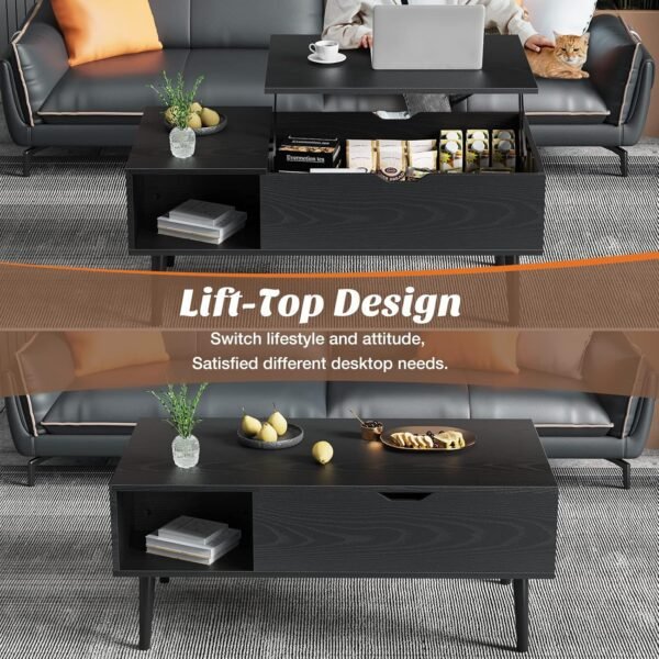 Sweetcrispy Coffee Table Black, Lift Top Coffee Tables for Living Room, Small Rising Wooden Dining Center Tables with Storage Shelf and Hidden Compartment - Image 4