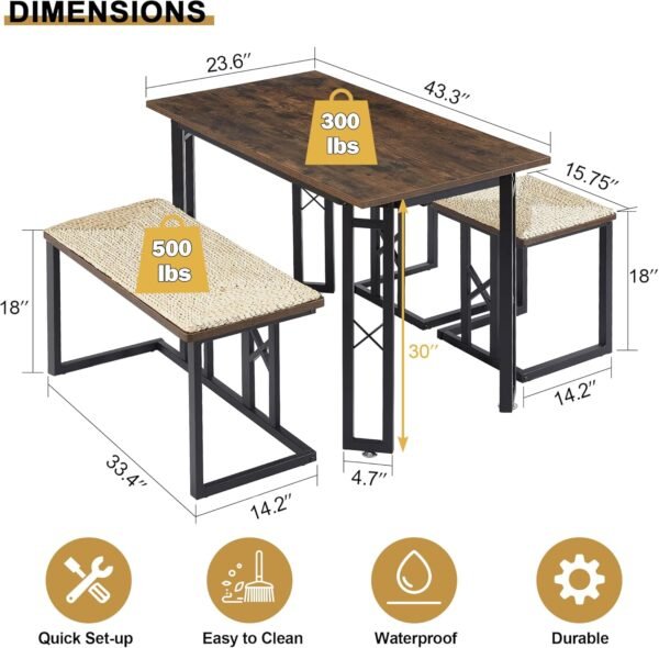 VECELO 43.3" Dining Table Sets, Farmhouse Small Kitchen Table for 4 with 3 Benches Wicker Mats,Metal Frame Space-Saving Adjustable Feets Coffee Table for Home Kitchen Dining, Dark Brown - Image 4