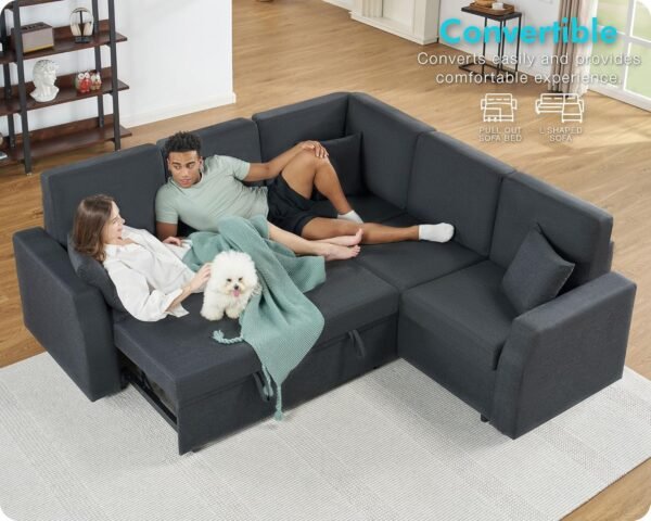 VanAcc Sofa Bed, 85 Inch Sleeper Couch with Storage Seat, L Shaped Sofa with Pull Out Sofa Bed, Sectional Couches for Living Room Apartment, Grey Linen Couch Sofa - Image 3