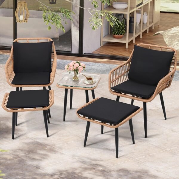 5 Piece Wicker Bistro Patio Conversation Furniture Set, Includes 2 Chairs, 2 Ottomans, and Side Table, Ideal for Porch, Balcony, Deck, Backyard, Natural - Image 3
