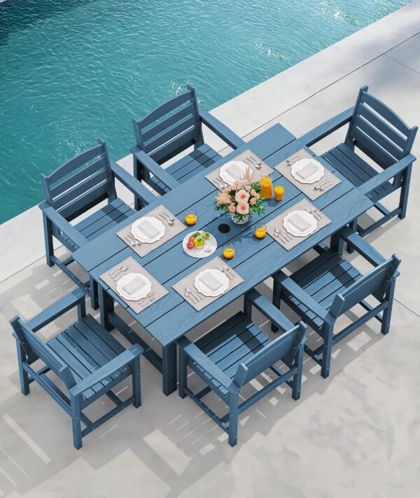 SERWALL 7-Piece Patio Dining Table Sets, Outdoor HDPE Dining Furniture Set with Umbrella Hole Cut-Out Table and 6 Chairs, Blue - Image 9