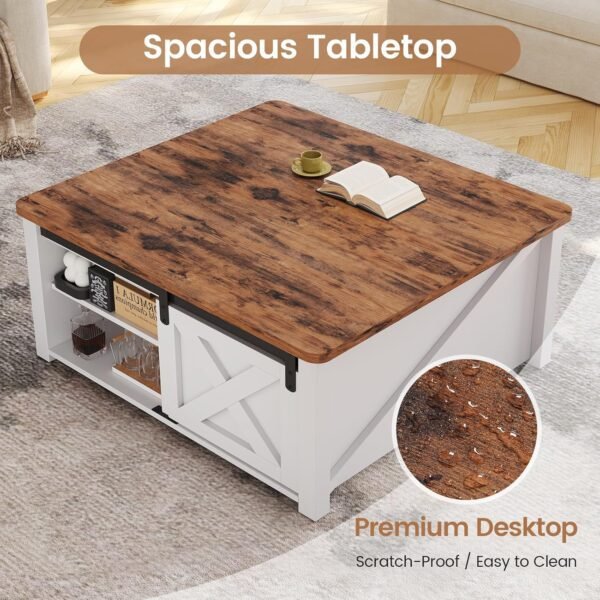 SEDETA 31.5" Lift Top Coffee Table with Storage, Square Coffee Table for Living Room, Farmhouse Coffee Table with Large Hidden Storage Compartment and Adjustable Shelves, White - Image 5