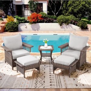 Outdoor Wicker Patio Furniture Set - 5 Piece Rattan Patio Conversation Sets with 2 Armrest Chairs,2 Ottomans and 1 Side Table for Porch Deck Garden(Brown/Beige)