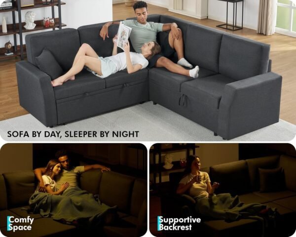VanAcc Sofa Bed, 85 Inch Sleeper Couch with Storage Seat, L Shaped Sofa with Pull Out Sofa Bed, Sectional Couches for Living Room Apartment, Grey Linen Couch Sofa - Image 5