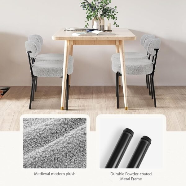 Sweetcrispy Dining Chairs Set of 4, Boucle Upholstered Modern Mid Century Round Kitchen Chairs with Curved Backrest & Metal Legs for Vanity, Living Room - Grey - Image 5