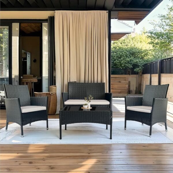 4 Piece Patio Furniture Set, Outdoor Patio Furniture Set with Soft Cushion and Glass Table Rattan Patio Chairs Conversation Sets with Sofa for Porch, Balconies, Lawns (Black and Beige) - Image 8